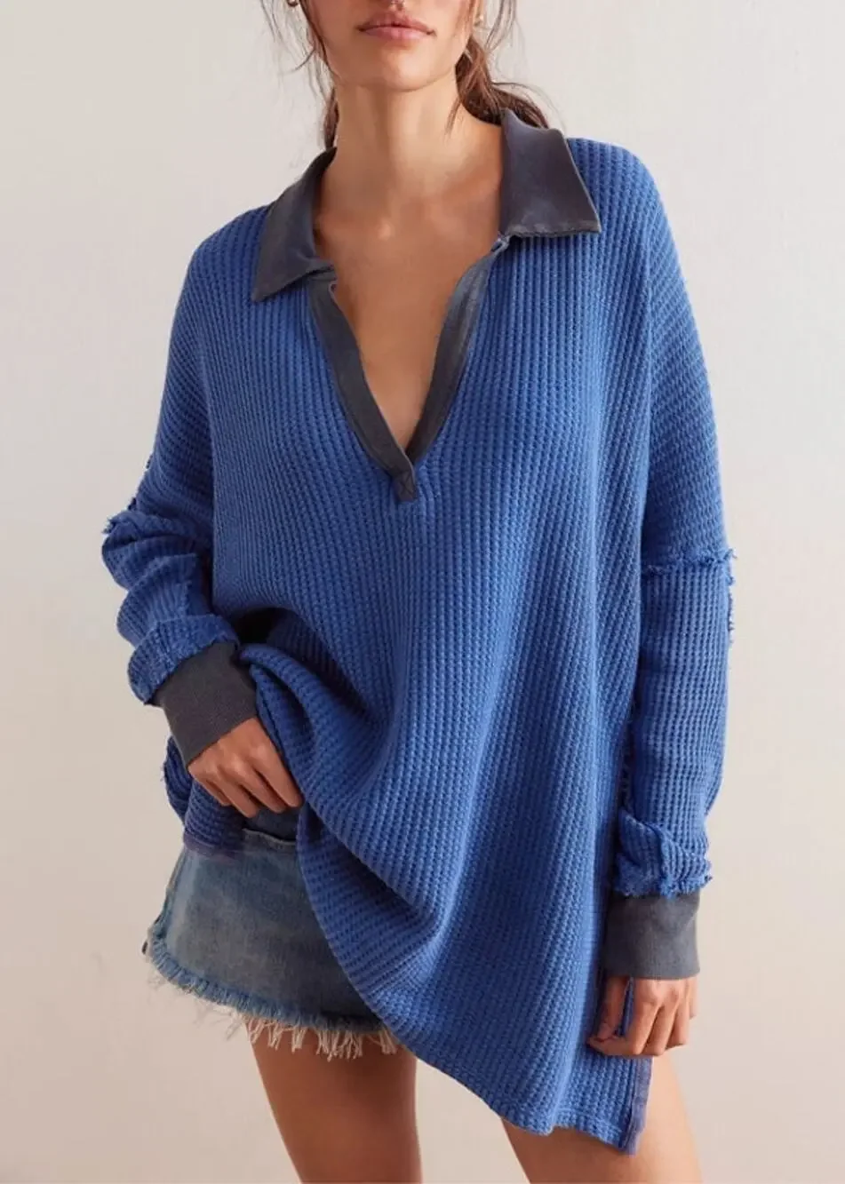 Free People Women's Travis Waffle Knit Polo Sweater Blue Size S NWOT